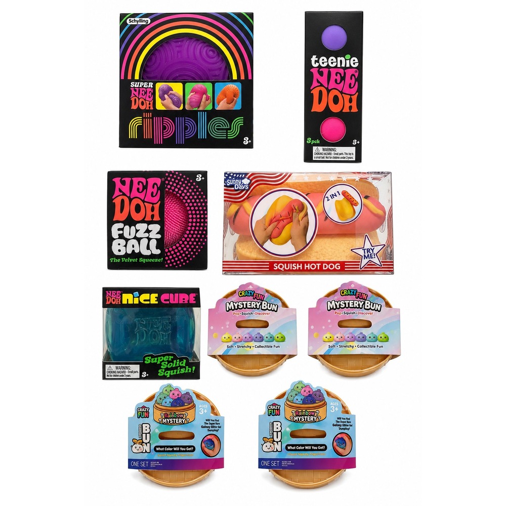 NeeDoh Fidget Toy Lot Schylling Nice Cube Ripples Fuzz Ball Squish Hot Dog 9pc